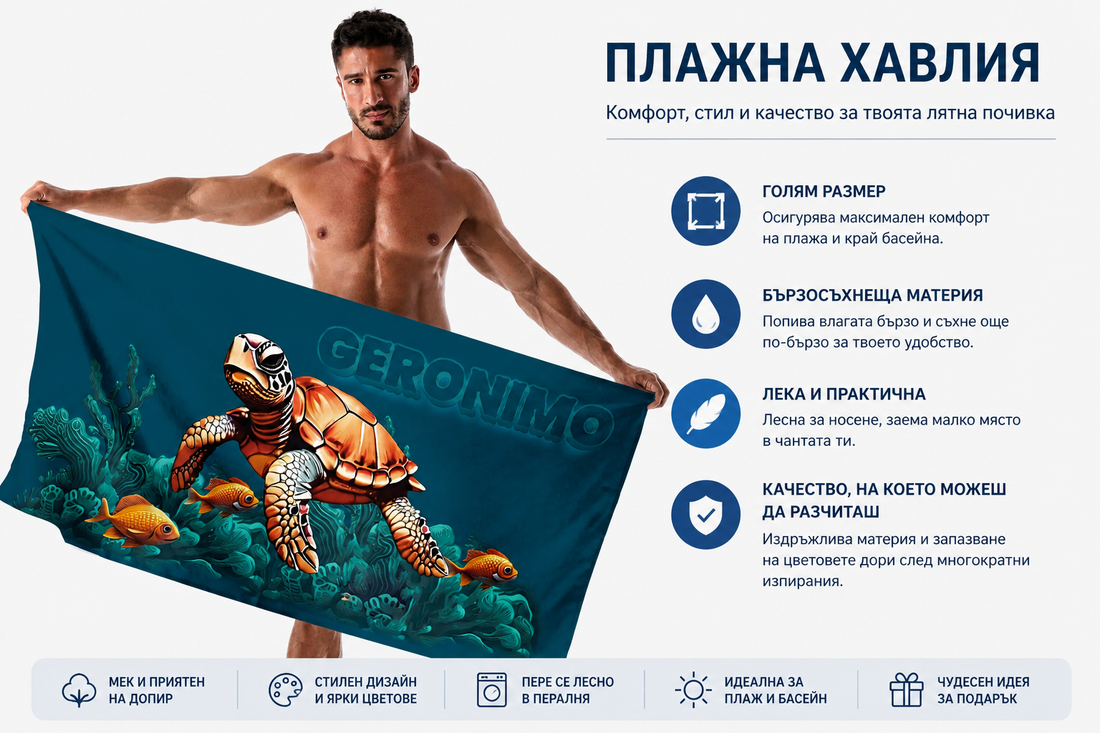 плажна хавлия Geronimo с морска костенурка голям размер бързосъхнеща