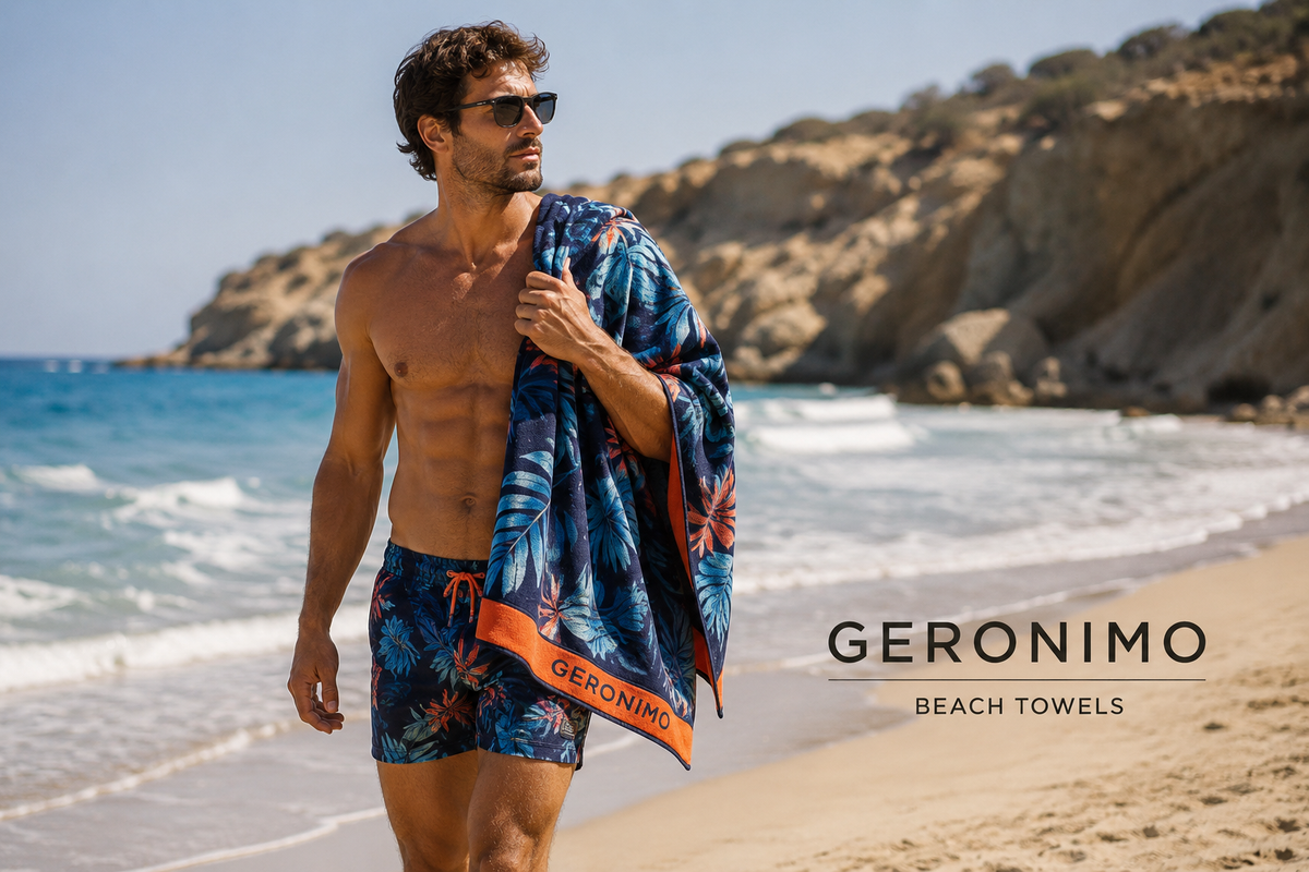 GERONIMO Strandtücher für Herren im Set mit Designer-Badehosen – ein Premium-Strandtuch für Tage am Meer, am Pool und im Sommerurlaub.