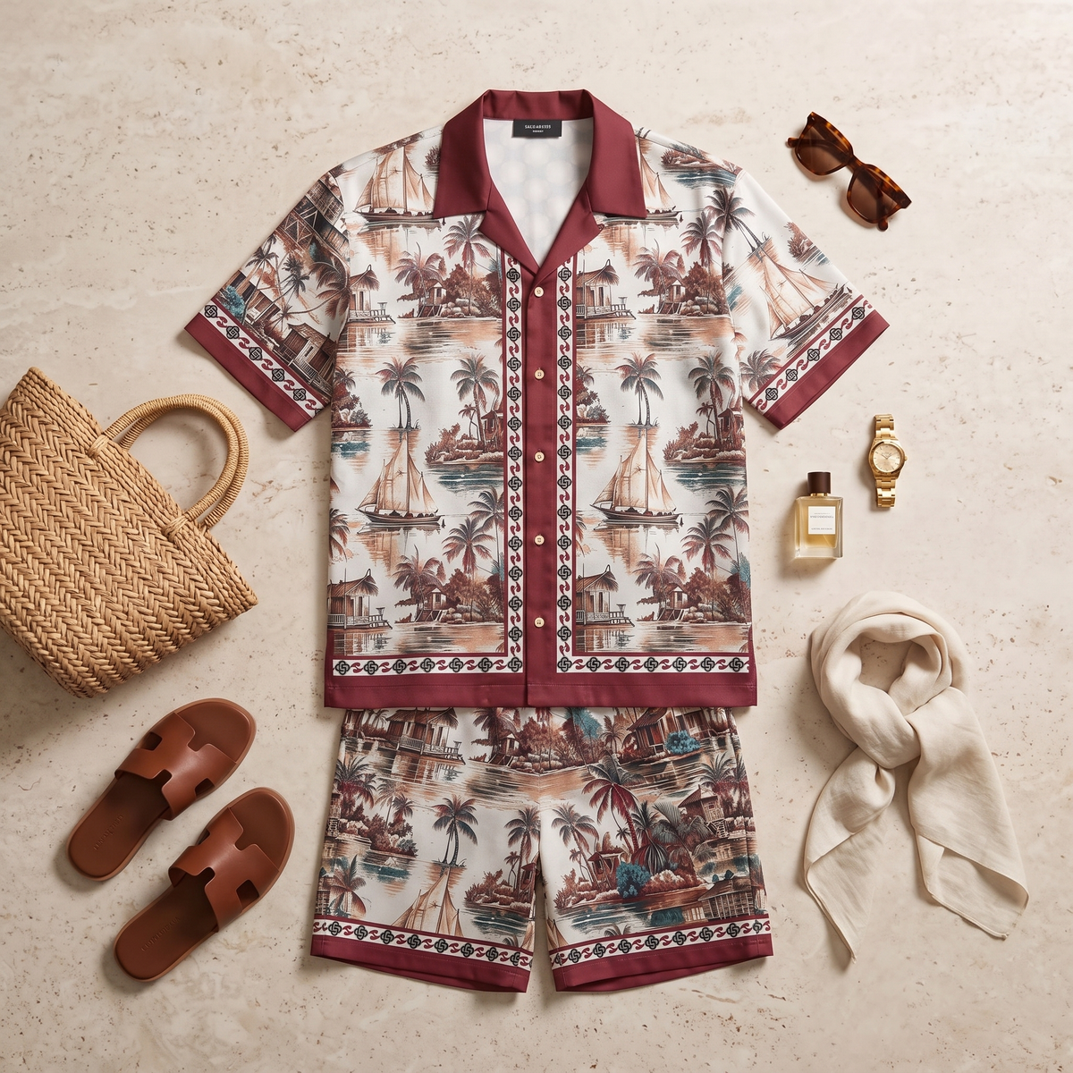 GERONIMO Sangria Tropic – мъжки сатенен комплект, flat lay