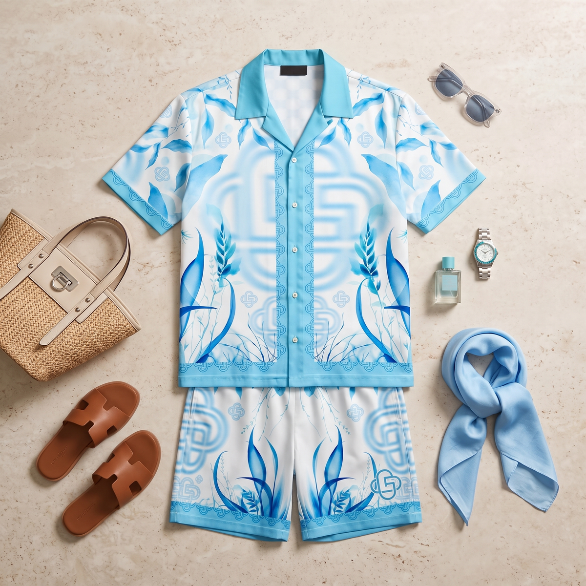 GERONIMO Aqua Bloom – мъжки сатенен комплект, flat lay