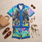 GERONIMO Tropical Blaze – мъжки сатенен комплект, flat lay