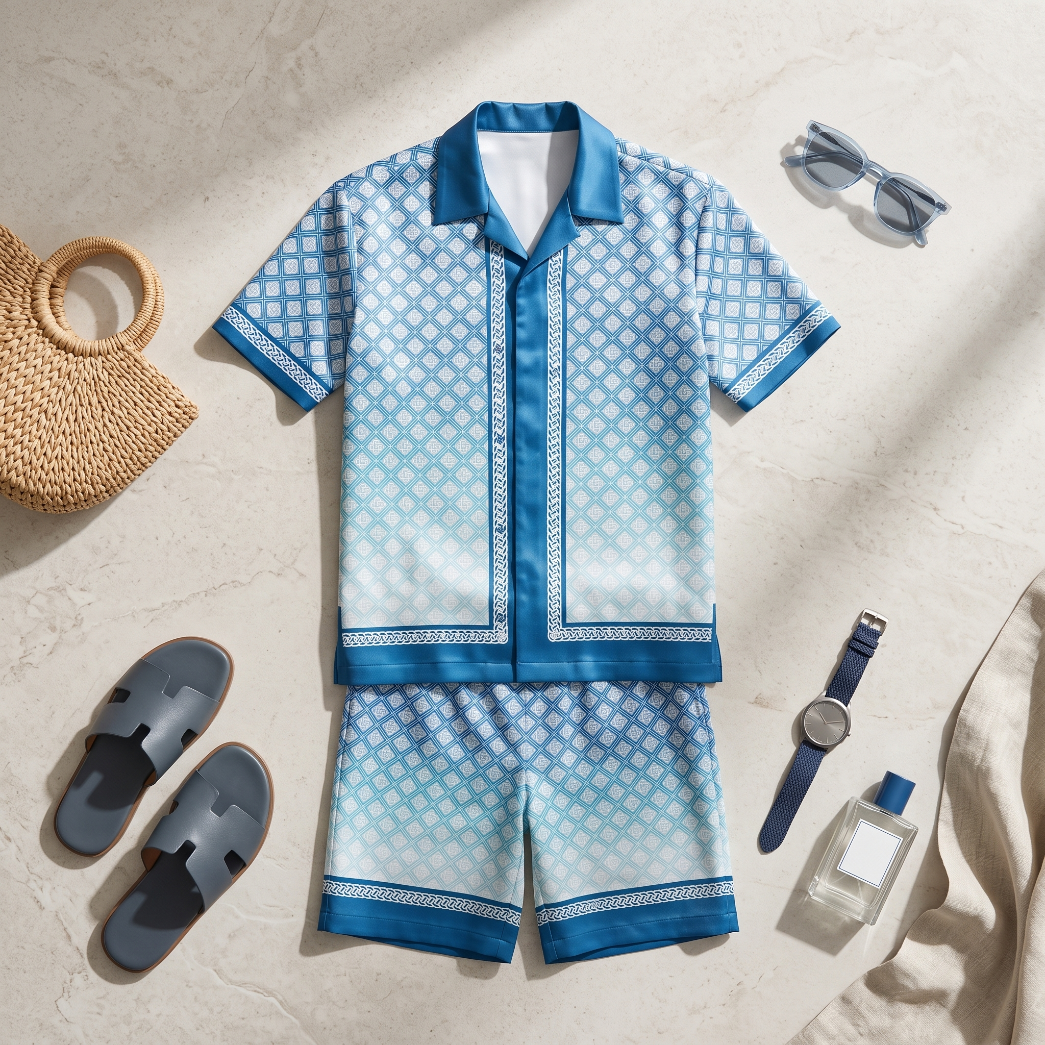 GERONIMO Blue Luxe – мъжки сатенен комплект, flat lay