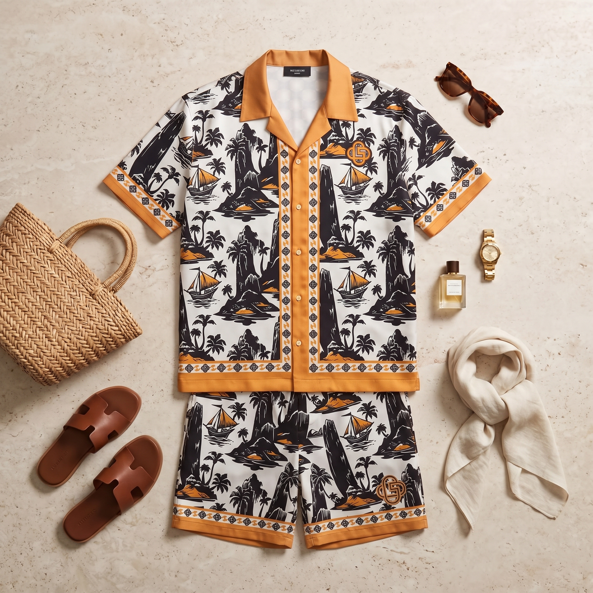 GERONIMO Island Code – мъжки сатенен комплект, flat lay